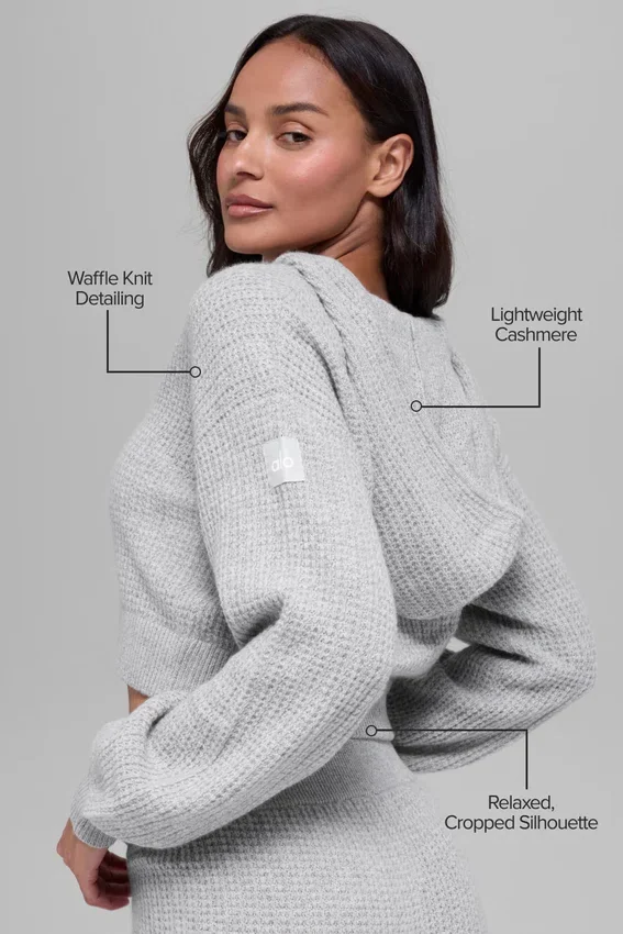 Sweat à capuche zippé intégral en cachemire moelleux à motif gaufré - Gris chiné athlétique