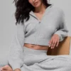 Sweat à capuche zippé intégral en cachemire moelleux à motif gaufré - Gris chiné athlétique