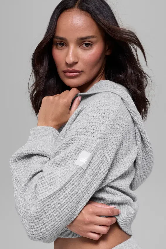 Sweat à capuche zippé intégral en cachemire moelleux à motif gaufré - Gris chiné athlétique