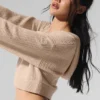 Sweat à capuche zippé intégral en cachemire moelleux à motif gaufré - Macadamia Blush