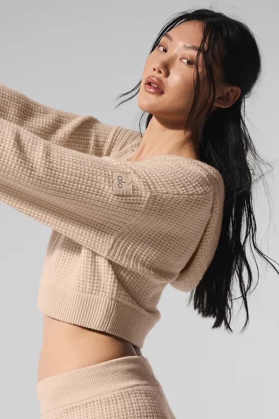 Sweat à capuche zippé intégral en cachemire moelleux à motif gaufré - Macadamia Blush