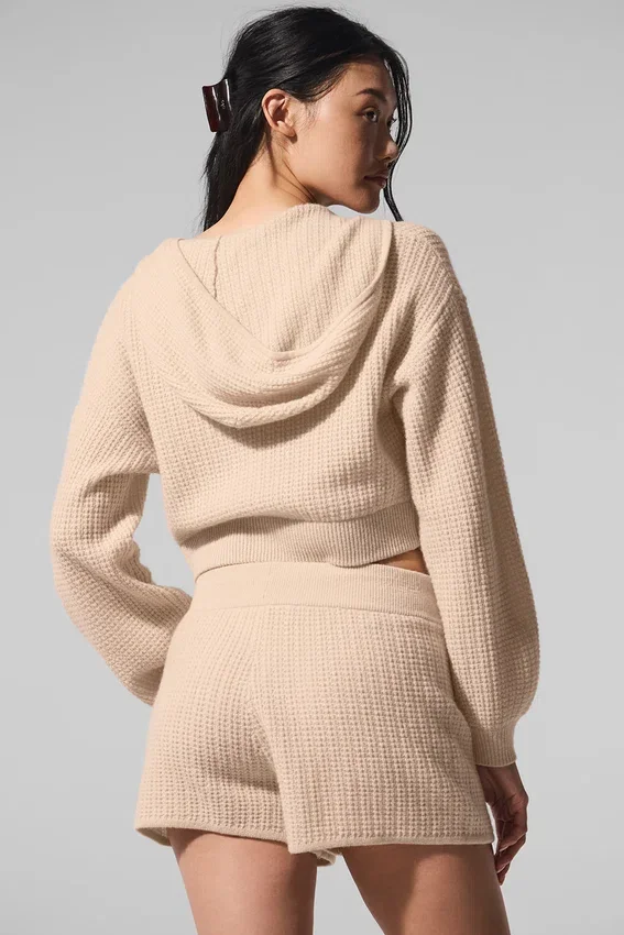 Sweat à capuche zippé intégral en cachemire moelleux à motif gaufré - Macadamia Blush