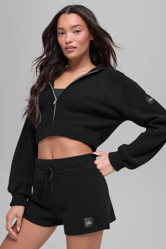 Sweat à capuche zippé intégral en cachemire moelleux à motif gaufré - Noir
