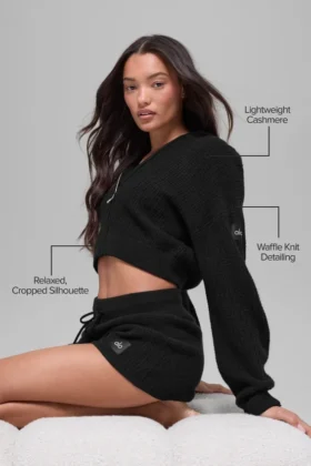 Sweat à capuche zippé intégral en cachemire moelleux à motif gaufré – Noir