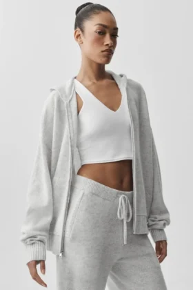 Sweat à capuche zippé intégral « New Class » en laine et cachemire - Blanc chiné