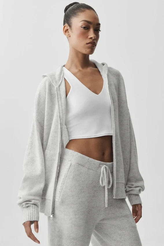 Sweat à capuche zippé intégral « New Class » en laine et cachemire - Blanc chiné