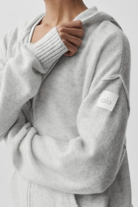 Sweat à capuche zippé intégral « New Class » en laine et cachemire - Blanc chiné