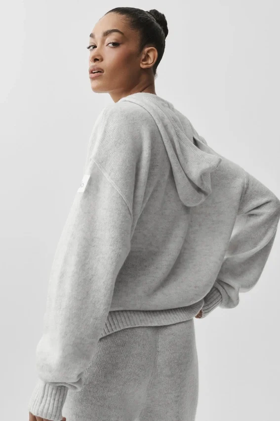 Sweat à capuche zippé intégral « New Class » en laine et cachemire - Blanc chiné