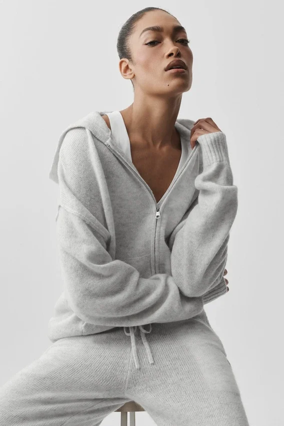 Sweat à capuche zippé intégral « New Class » en laine et cachemire - Blanc chiné