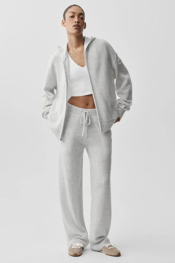 Sweat à capuche zippé intégral « New Class » en laine et cachemire - Blanc chiné