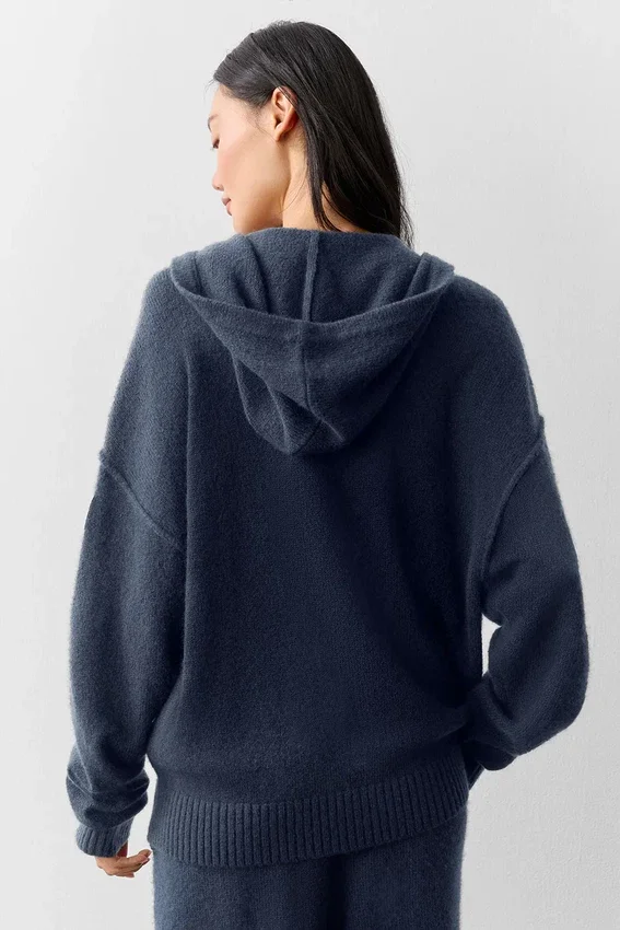 Sweat à capuche zippé intégral « New Class » en laine et cachemire - Bleu marine