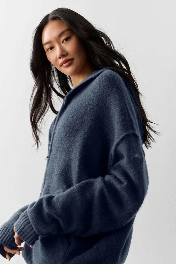 Sweat à capuche zippé intégral « New Class » en laine et cachemire - Bleu marine