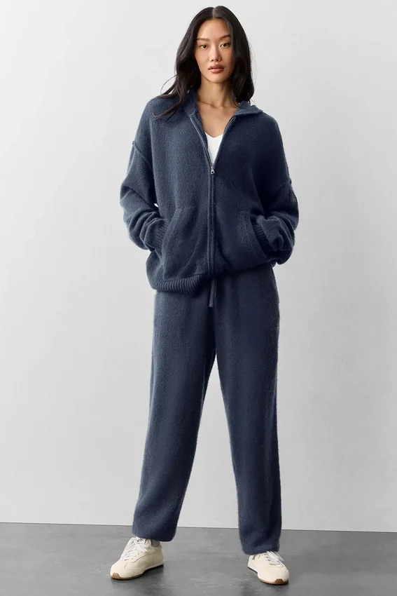 Sweat à capuche zippé intégral « New Class » en laine et cachemire - Bleu marine