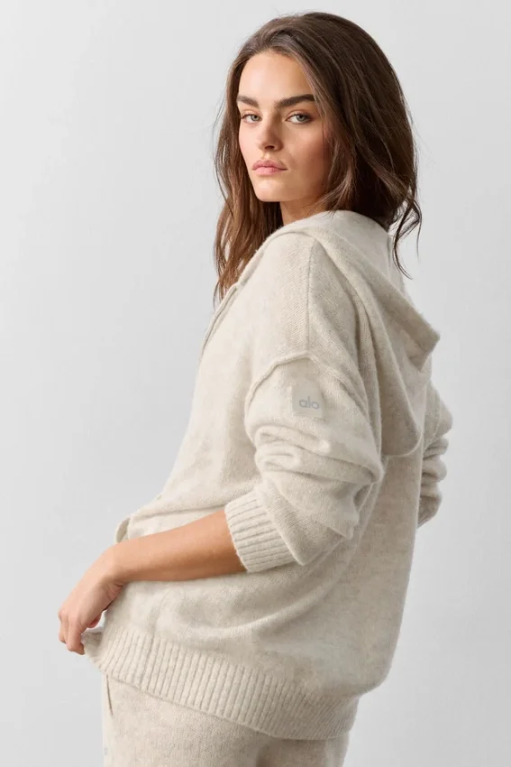 Sweat à capuche zippé intégral « New Class » en laine et cachemire - Gris avoine chiné