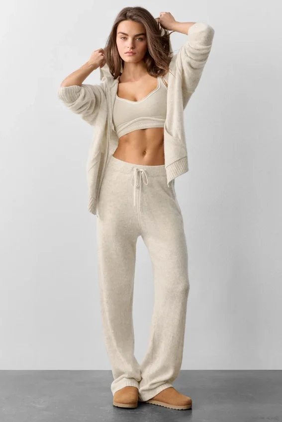Sweat à capuche zippé intégral « New Class » en laine et cachemire - Gris avoine chiné