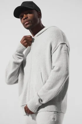 Sweat à capuche zippé intégral New Class en laine et cachemire - Gris perle chiné