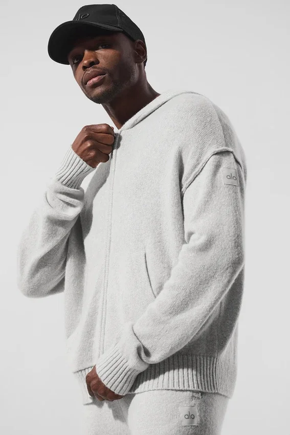 Sweat à capuche zippé intégral New Class en laine et cachemire - Gris perle chiné
