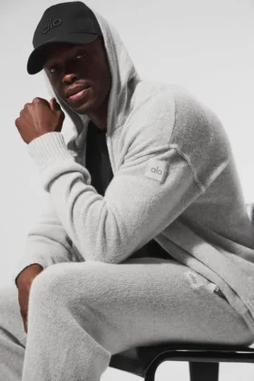 Sweat à capuche zippé intégral New Class en laine et cachemire – Gris perle chiné