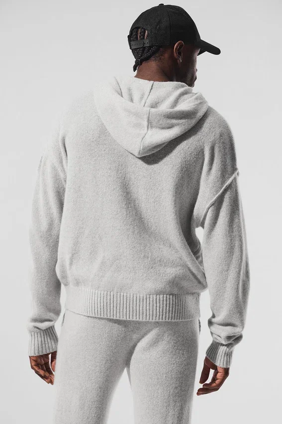 Sweat à capuche zippé intégral New Class en laine et cachemire - Gris perle chiné