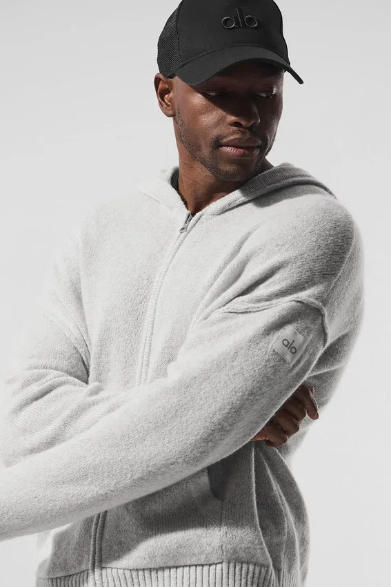 Sweat à capuche zippé intégral New Class en laine et cachemire - Gris perle chiné