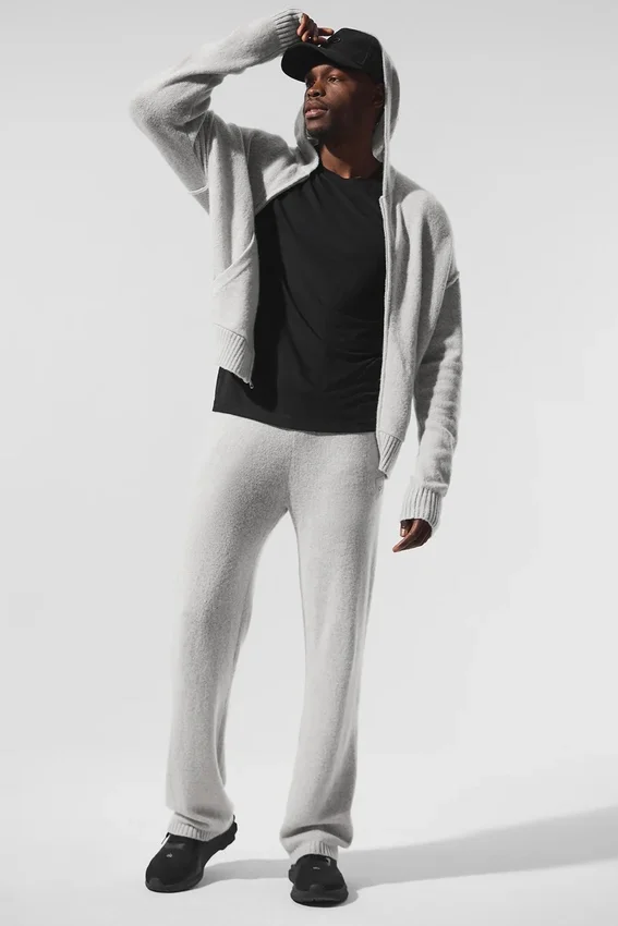Sweat à capuche zippé intégral New Class en laine et cachemire - Gris perle chiné