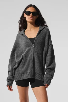 Sweat à capuche zippé intégral New Class en laine et cachemire – Gris platine