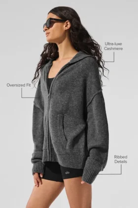 Sweat à capuche zippé intégral New Class en laine et cachemire – Gris platine