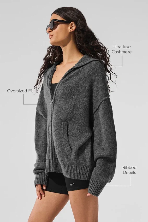 Sweat à capuche zippé intégral New Class en laine et cachemire – Gris platine