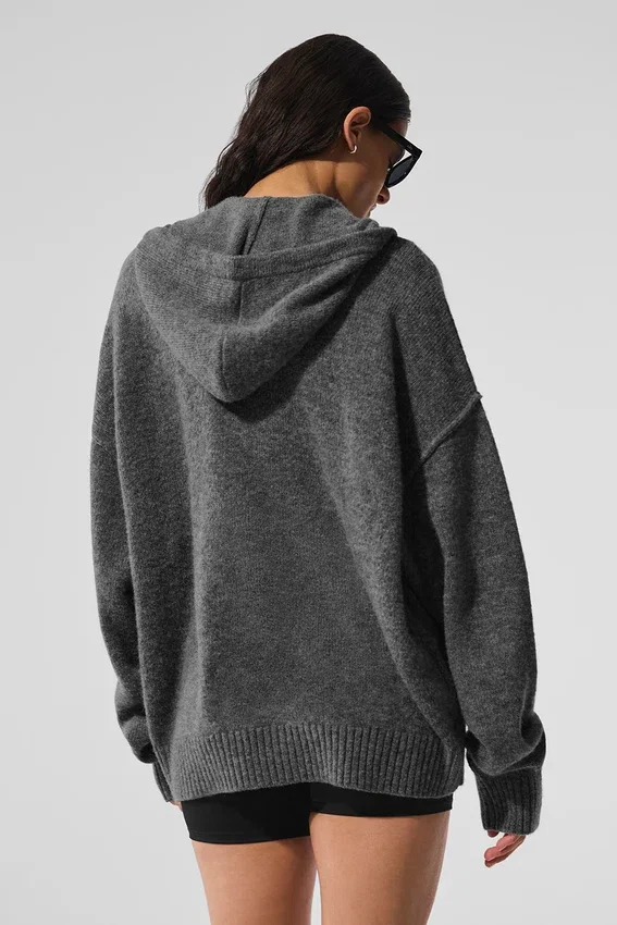 Sweat à capuche zippé intégral New Class en laine et cachemire – Gris platine