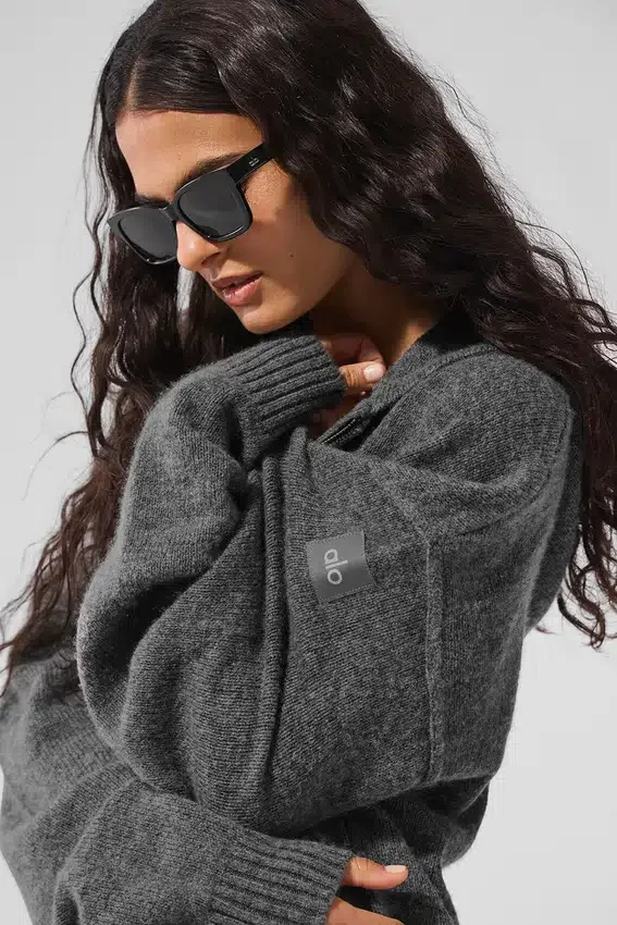 Sweat à capuche zippé intégral New Class en laine et cachemire – Gris platine