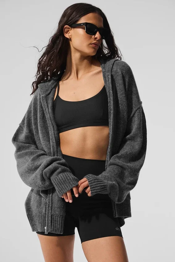 Sweat à capuche zippé intégral New Class en laine et cachemire – Gris platine