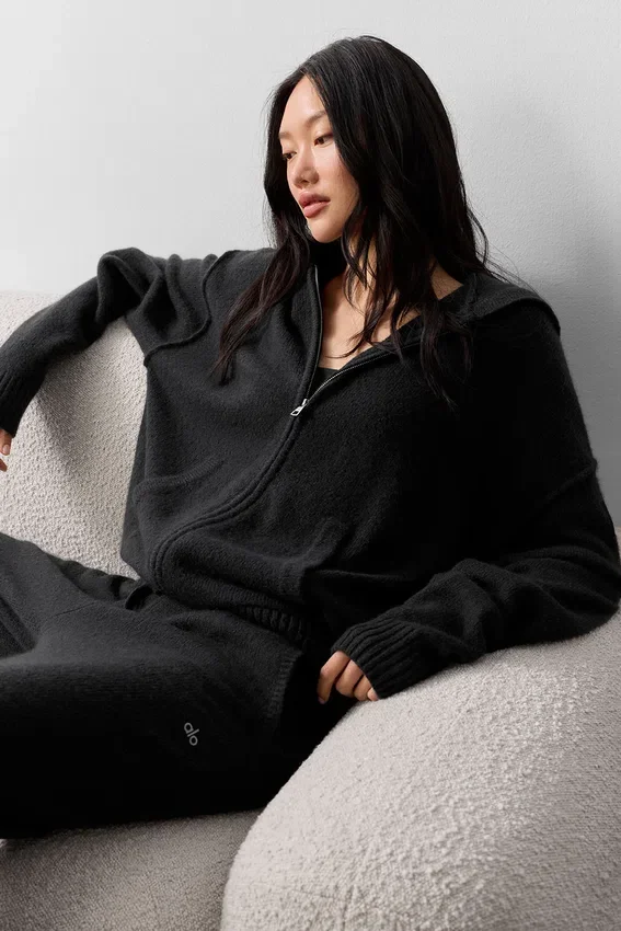 Sweat à capuche zippé intégral « New Class » en laine et cachemire - Noir