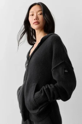 Sweat à capuche zippé intégral « New Class » en laine et cachemire – Noir