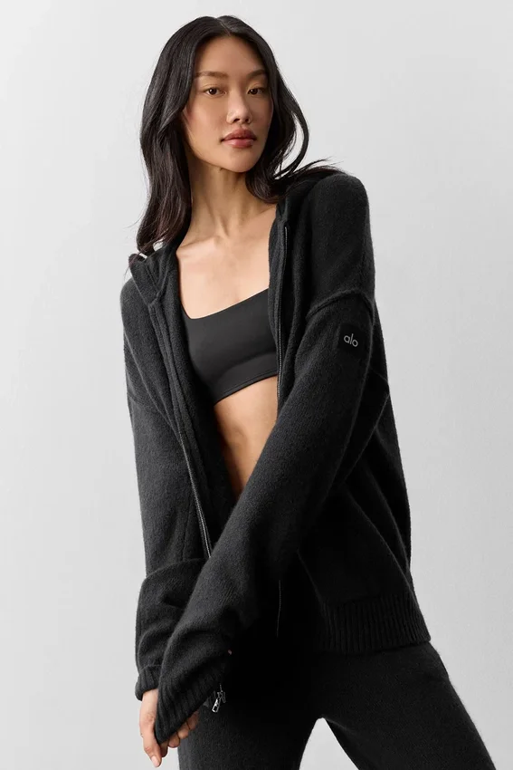 Sweat à capuche zippé intégral « New Class » en laine et cachemire - Noir