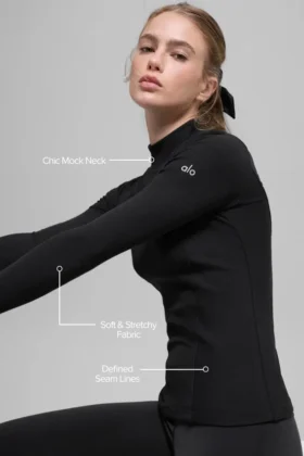 T-shirt à col montant et manches longues « Mesmerize » en maille côtelée — Noir