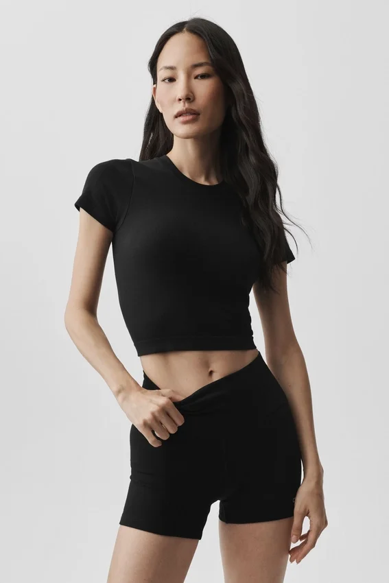 T-shirt court à manches courtes en modal côtelé sans coutures - Noir