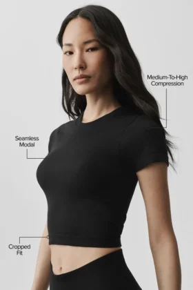 T-shirt court à manches courtes en modal côtelé sans coutures – Noir