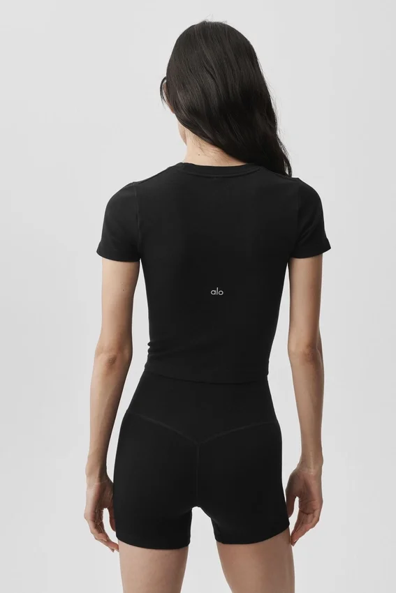 T-shirt court à manches courtes en modal côtelé sans coutures - Noir