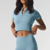 T-shirt court à manches courtes, sans coutures, chaud et douillet pour l’hiver – Bleu céleste