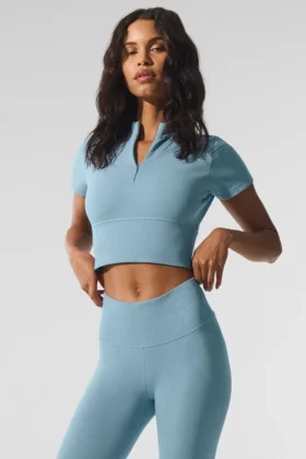 T-shirt court à manches courtes, sans coutures, chaud et douillet pour l’hiver – Bleu céleste