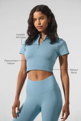 T-shirt court à manches courtes, sans coutures, chaud et douillet pour l’hiver – Bleu céleste