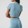 T-shirt court à manches courtes, sans coutures, chaud et douillet pour l’hiver – Bleu céleste