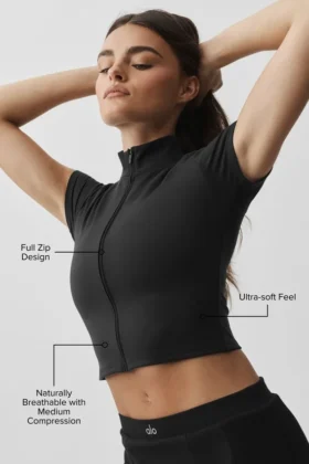 T-shirt à manches courtes Alo Softsculpt avec fermeture éclair intégrale – Noir