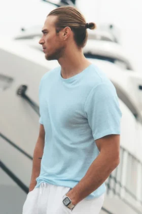 T-shirt à manches courtes « Coastal » en jersey de lin - Bleu bord de mer