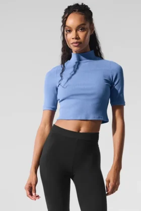 T-shirt à manches courtes en maille côtelée « Secret » - Bleu cristal