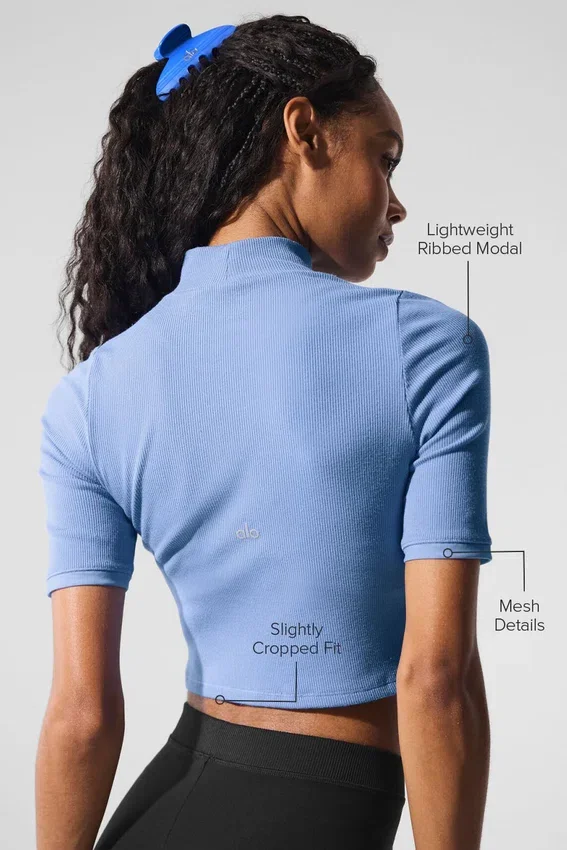 T-shirt à manches courtes en maille côtelée « Secret » - Bleu cristal