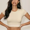 T-shirt à manches courtes « My Serve » en coton et cachemire - Beige sable/Blanc