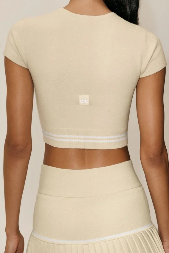 T-shirt à manches courtes « My Serve » en coton et cachemire - Beige sable/Blanc
