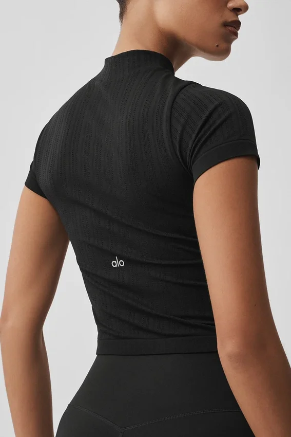 T-shirt à manches courtes sans coutures à col montant en pointelle – Noir