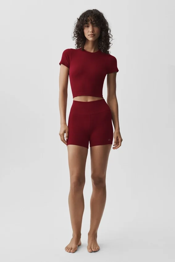 T-shirt à manches courtes sans coutures en modal côtelé — Rouge « Summer Romance »